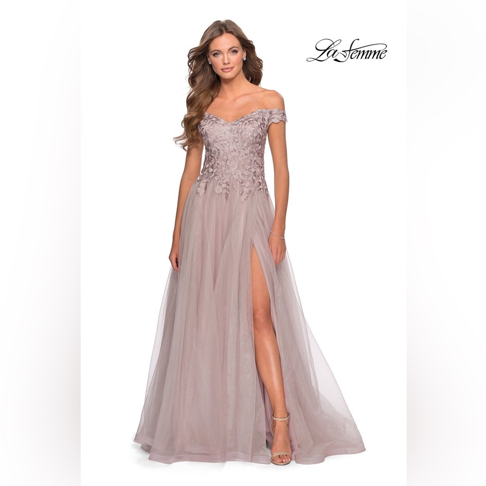 La Femme off-shoulder formal gown with slit; size 12